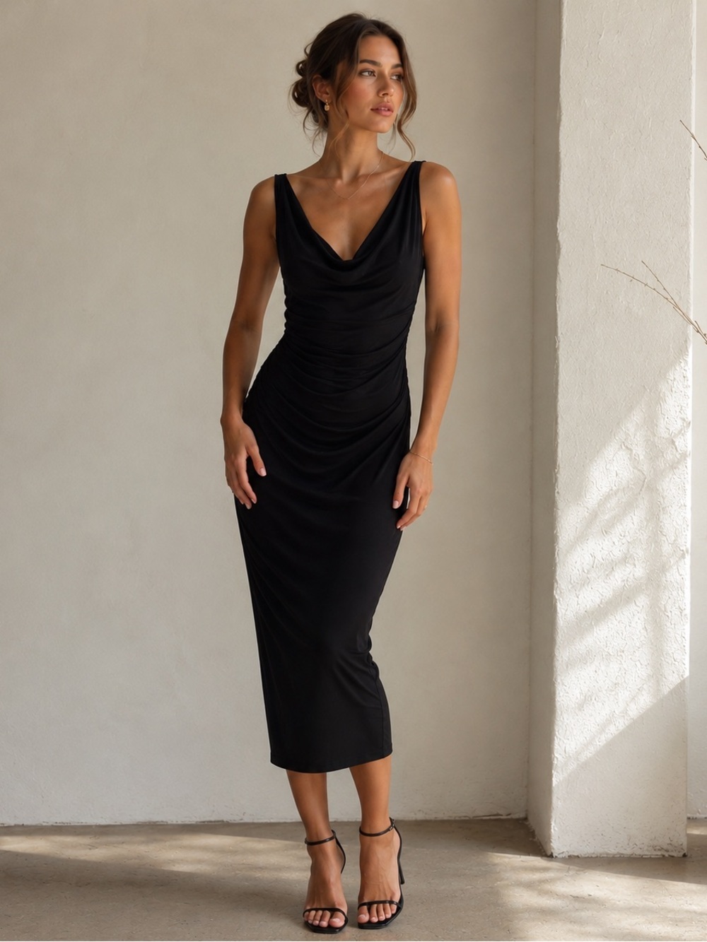 Zara this strap little black dress Sleek drape Neck Midi Dress size small